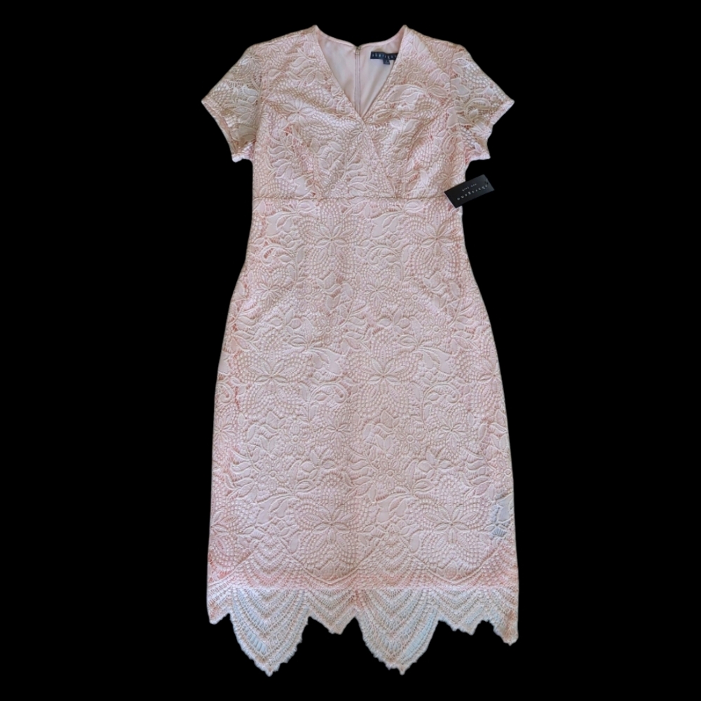 NWT Sharagano NY Azalea Faux Wrap Floral Lace Scalloped Midi Dress 8 Pink Mirage